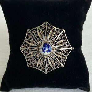 VTG Sterling Silver 925 1.71" Domed Signed Delft Filigree Spun Silver Brooch